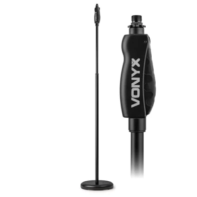 Imagen de VONYX MS110 Pie de micrófono resistente con adaptadores 3/8« y 5/8» para uso en estudio directo, ajuste altura una sola mano, tubo metálico negro base peso estable.