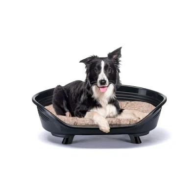 Imagen de Ferplast Cama Perro y Gato con Cojin de Algodon, Elevada Perro, para Perros Medianos, Cesta Transpirable Antideslizante, Throne 82 x 59,5 h 29,5 cm, Negro