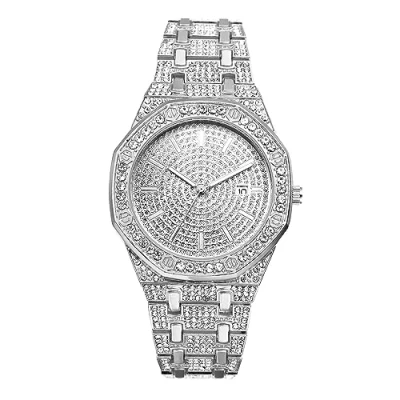 Imagen de JewelryWe Reloj Octogonal con Incrustaciones de Diamantes, Cuarzo Analógico para Hombre y Mujer, Resistente al Agua Durante la Vida Diaria (1ATM), Correa Desmontable Redimensionable, Plata