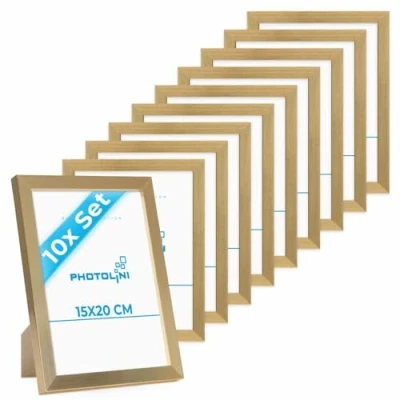 Imagen de PHOTOLINI marcos 15x20 cm oro madera MDF, set de 10 para pósteres, cristal acrílico, colgar y poner pie, incluye accesorios fotos, láminas pósteres