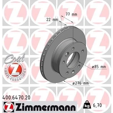 Imagen de ZIMMERMANN COAT Z 400.6470.20 Disco de freno 276 22 7/5 5 130 ventilación interna revestido altamente carbonizado MERCEDES BENZ: Sprinter 3 T Furgón