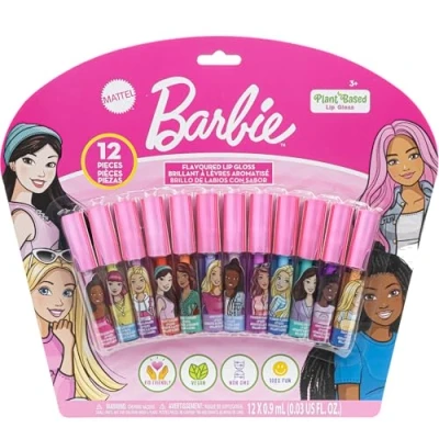 Imagen de Barbie 12 juegos de brillo labial vegetal, imprescindible para fiestas niñas, primer traje maquillaje adecuado fiestas, siestas y regalos cumpleaños, más 3 años, produc