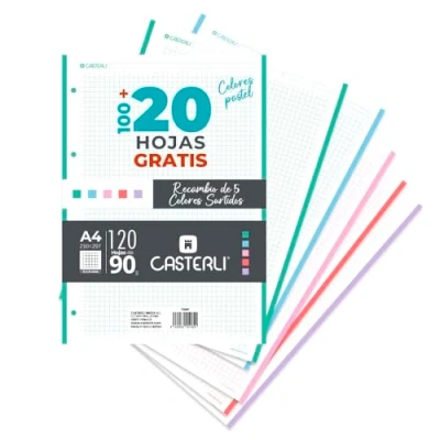 Imagen de CASTERLI 72661 Recambio 120 Hojas con margen. Tamaño A4, 4 Taladros, Papel de 95 gr (Surtido Pastel, A4)