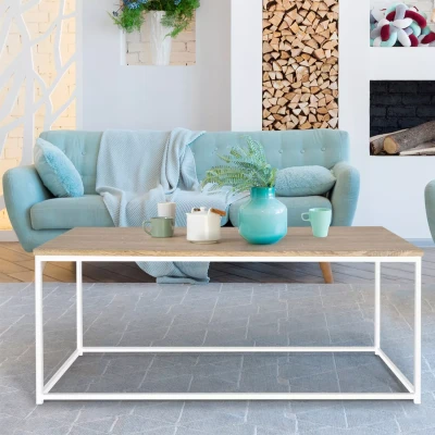 Imagen de IDMarket Mesa baja rectangular Detroit 113 cm, diseño industrial madera y metal, color blanco