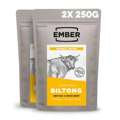 Imagen de Ember Snacks Biltong Beef Jerky (2x250g Original) Alto en proteínas, Bajo calorías. Refrigerio Grasa, Para Llevar