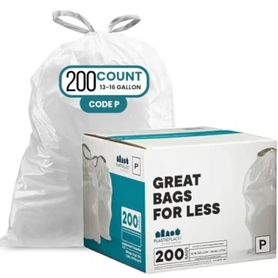 Imagen de Plasticplace simplehuman (x) Code P Forro de basura compatible con cordón, 13 16 galones, 23.7 x 31.5 pulgadas, 200 unidades, color blanco