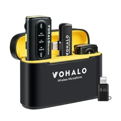 Imagen de VOHALO Micrófono Lavalier inalámbrico para iPhone iPad Android con estuche de carga 30Hrs tiempo reproducción 2.4G Dual grabación vídeo profesional Entrevista