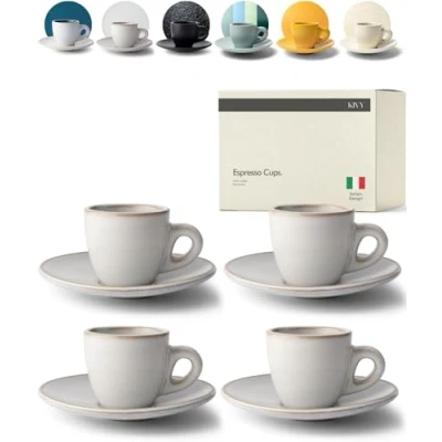 Imagen de KIVY juego de 4 tazas espresso (4 x 75 ml), hechas a mano cerámica paredes gruesas, con platillo, café pared gruesa italiana, color beige y