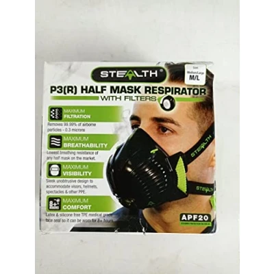 Imagen de mascarilla Stealth Mask P3 con filtros HEPAC reemplazables, de respiración, filtra el 99,99% partículas, para actividades pintura, construcción, fabricación tamaño M/L