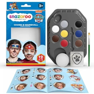 Imagen de Snazaroo Kit Maquillaje Patrulla Canina Chase &amp; Marshall Aguacolores para Niños Y Adultos, 8 Colores, 1 Plantilla, Pincel, Esponja, Guía, Base Agua, Pintacaras