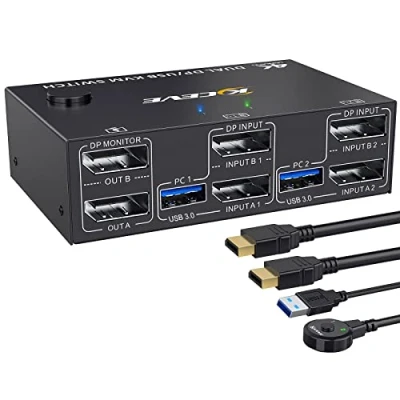 Imagen de Conmutador KVM USB 3.0 DP 2 PC Monitores Pantalla Extendida 4K@144Hz Dual Monitor Switch Displayport 1.4, Switches para 4 Dispositivos Ratón Teclado con Cables