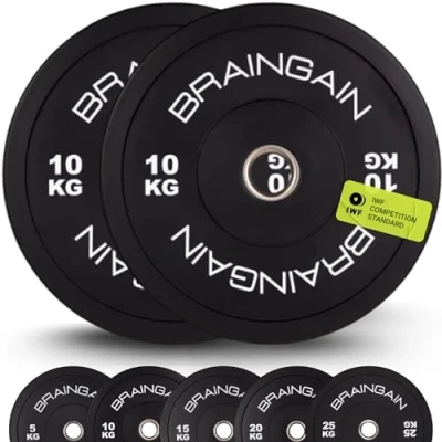 Imagen de BRAINGAIN Par de discos olímpicos negros 10 kg (2 x kg), peso goma sólida 2 pulgadas para entrenamiento fuerza y levantamiento pesas