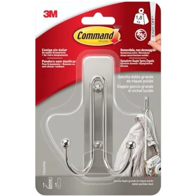 Imagen de Command Gancho Doble Grande, Níquel Pulido 1 Gancho, Tira Adhesiva Colgador de Bolsos, Ropa y Otros Accesorios para Pared o Puerta Sin Agujeros Soporta hasta 1,8 kg