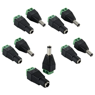 Imagen de Poppstar Juego de Adaptador Corriente Continua (CC) 5,5x2,1mm (5 x Macho / 5 Hembra) a regleta bornes 2 Polos para Tiras LED
