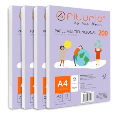 Imagen de Paquete de folios A4 200gr con 1000 Hojas Blancas, Papel Multifuncional para Uso Escolar y Entornos Laborales. Ideal impresoras láser, inyección o fotocopiadoras Ofituria