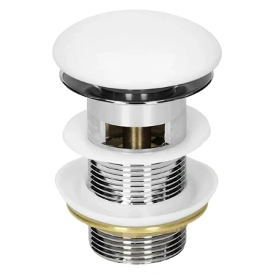 Imagen de ML Design Juego De Desagüe Universal Para Lavabo Y Lavamanos Con Rebosadero 100 mm Tapa Cerámica Acero Inoxidable Blanco Mate 1 1/4 Pulgada Válvula Pop Up Tapón Fregadero Juntas Click Clack