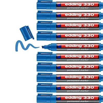 Imagen de edding 330 marcador permanente azul claro 10 rotuladores punta biselada 1 5 mm resistente al agua, de secado rápido, indelebles para cartón, plástico, vidrio, madera, metal