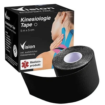 Imagen de Vision Cinta de kinesiología I 5 cm x m, producto médico Kinesio Tape super hipoalergénica extra fuerte agarre elástico transpirable impermeable (negro)