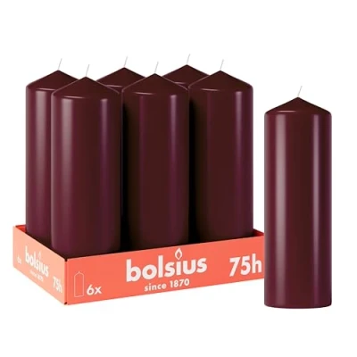 Imagen de Bolsius Velas lisas Burdeos 6 unidades 20 x 7 cm decorativas para el hogar Tiempo de combustión 75 horas Sin perfume Contiene cera vegetal natural aceite palma