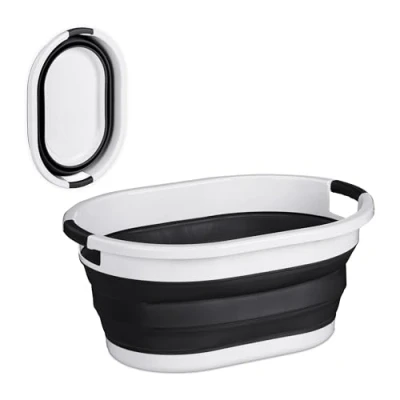 Imagen de Relaxdays Cesta Plegable Colada, 36 L, Canasto Ropa Plástico, Compacto para Ahorrar Espacio, con Asas, Blanco y Negro