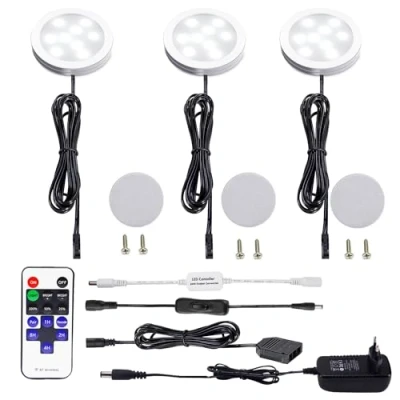 Imagen de AIBOO LED Cocina Regulable Debajo de La Luz del Gabinete con Control Remoto Inalámbrico por RF, Iluminación Empotrada en LED, 3 Paquetes Luces 12V 6W Pantalla(Blanco Frio 6000K)
