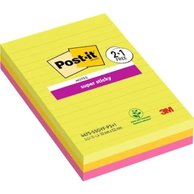 Imagen de Post it Super Sticky Notas Grandes, Colores Surtidos, Con Líneas, 101 mm x 152 mm, 76 Hojas/Bloc, 3 Blocs/Paquete