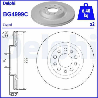 Imagen de DELPHI BG4999C Disco de freno 292 22 5 ventilado, perforado/ventil. int. revestido sin procesar cojinete rueda, anillo sensor ABS