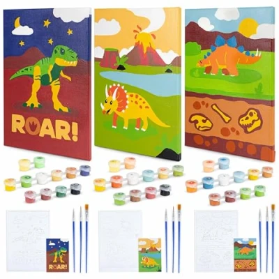 Imagen de BONNYCO Pintar por Numeros Niños, Dinosaurios Pack 3 Lienzos Dinosaurios, Kit Manualidades Juguetes Regalos para Niños Cuadros