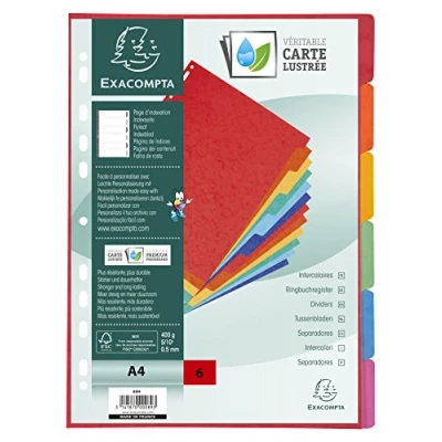 Imagen de Exacompta 89H Separadores en cartulina rígida brillante FSC® de 400 g/m2 con 6 pestañas neutras Página indexación incluida Formato archivo A4 Dimensiones 22,5x29,7cm Colores surtidos