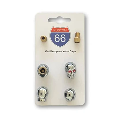 Imagen de Juego de 4 Tapas válvula + 2 adaptadores Bicicleta Calavera v2 Plata Adecuado para Cualquier Coche, Moto y