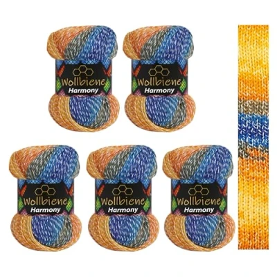 Imagen de Wollbiene Harmony Batik 8040 5 ovillos de 100 g, 500 con degradado color, 30% algodón, multicolor, para todo el año (8040 azul y naranja)