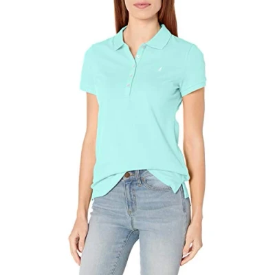 Imagen de Nautica Polo de algodón manga corta con 5 botones para mujer, Azul (Aruba Blue), Large