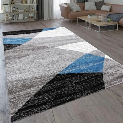 Imagen de VIMODA Alfombra Moderna de diseño con Dibujo geométrico, Jaspeada, en Gris, Blanco, Negro y Azul Material Certificado según ÖKO Tex, Maße:160x220 cm