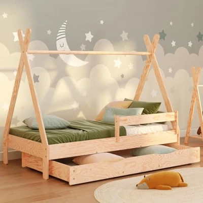 Imagen de smartwood Tipi D Cama Infantil 90x200 con somier y barandilla Montessori en Forma de casa cajón para niños niñas Madera 200x90 Natural