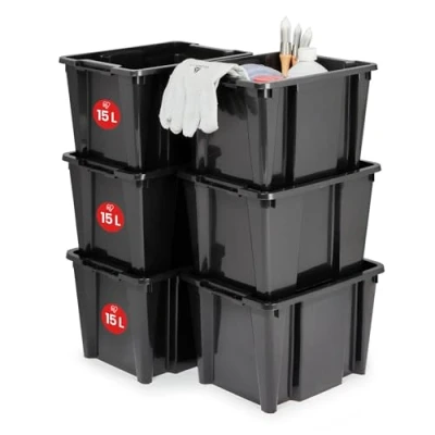 Imagen de Iris Ohyama, Caja de almacenamiento plástico, garaje 45 l, Lote 6, HB 15, Negro, Apilable, Sin tapa L35 x F26,5 A22 cm