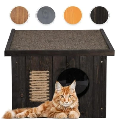 Imagen de SPRINGOS casa para gatos de madera exteriores, 49,5 x 58 36 cm, madera, rascador gatos, puerta con láminas, techo plano, resistente a la intemperie, paredes aisladas, al