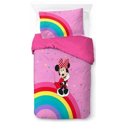 Imagen de Jay Franco Disney Minnie Mouse Rainbow Juego de funda nórdica para cama individual, 100% algodón, incluye almohada 50 x 70 cm
