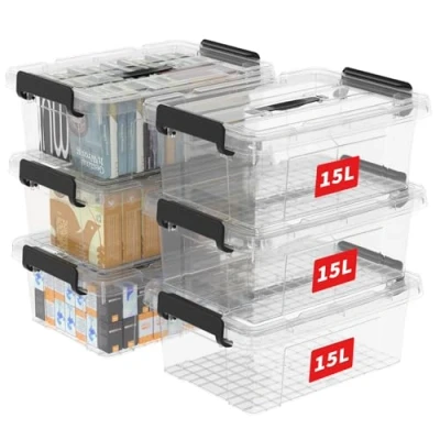 Imagen de Cetomo 15L*6 Caja de Almacenamiento con Asa, Plástico Tapa y Cierre Seguro, Contenedor Almacenamiento, Duradera, Apilable, Resistentes, Transparente, Paquete 6 15L