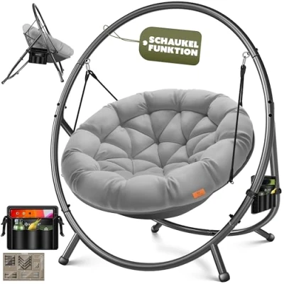 Imagen de KESSER® Hamaca colgante con estructura, columpio colgante, hasta 150 kg, para interior y exterior, incluye cojín bolsillo lateral, cesta estructura de acero espuma, ideal