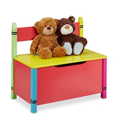 Imagen de Relaxdays Banco Infantil con Baúl Integrado, Asiento Arcón para Niños, 54,5 x 60 35 cm, MDF, Juguetes, Multicolor, Tablero de Fibras