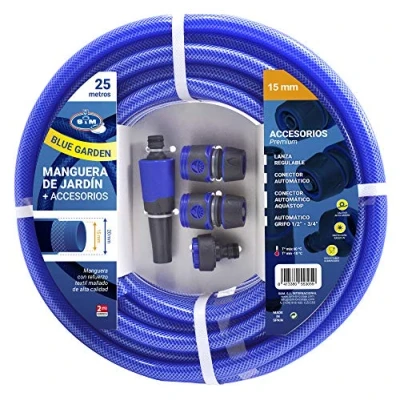 Imagen de S&amp;M 553059 Manguera azul reforzada BLUE GARDEN con accesorios(lanza de riego y conectores) Rollo 25 m Ø15 mm (diámetro interior) x Ø20 exterior) anti dobleces