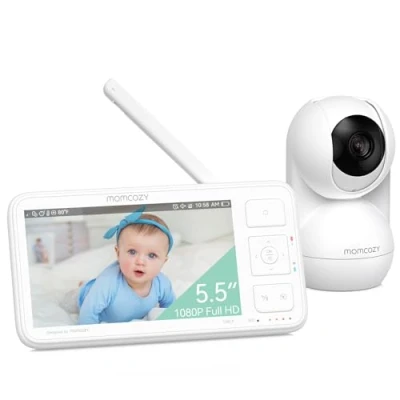 Imagen de Momcozy Vigilabebés Full HD 1080P de 5,5 pulgadas sin cámara wifi, visión nocturna infrarroja 5800 mAh batería 120 horas, ECO, VOX, audio bidireccional alcance 500M tarjeta SD 32g gratuita