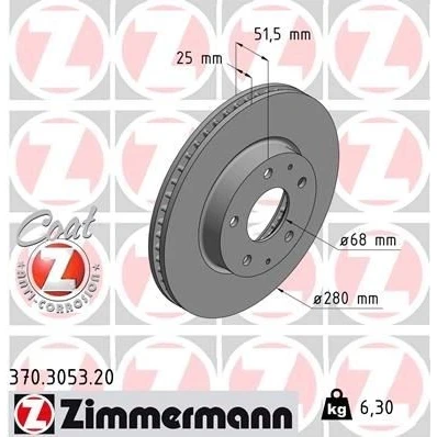 Imagen de ZIMMERMANN COAT Z 370.3053.20 Disco de freno 280 25 6/5 5 114 ventilación interna revestido MAZDA: 3 Hatchback, CX 3, Berlina