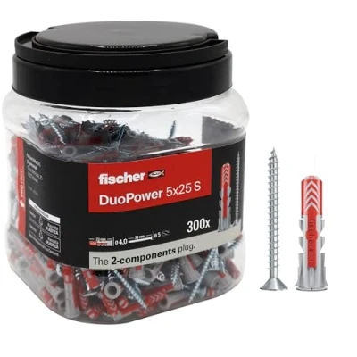 Imagen de Fischer propack duopower 5x25, 300x tasselli con vite in barattolo riutilizzabile, per fissaggio su cemento, muratura e cartongesso, 572884