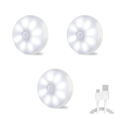 Imagen de Paquete de 3 luces LED con sensor movimiento, luz nocturna para armario, carga USB, iluminación debajo del gabinete, baño, escalera, pasillo, dormitorio, habitación los niños, garaje
