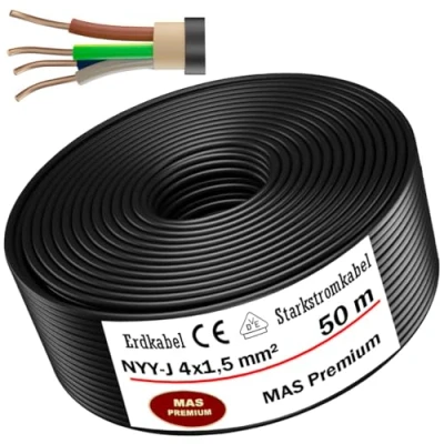 Imagen de cable de alimentación subterráneo, 5, 10, 15, 20, 25, 30, 35, 40, 50, 60, 70, 75, 80, 90 o 100 m, NYY J 4 x 1,5 mm², anillo eléctrico para instalación al aire libre,