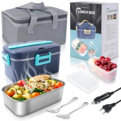 Imagen de Romon Fiambrera Electrica, 3 en 1 12V/24V/220V Electrica Comida Trabajo para Coche Camión Trabajo, 75W Tartera de 1.8L, Taper Electrico Acero Inoxidable