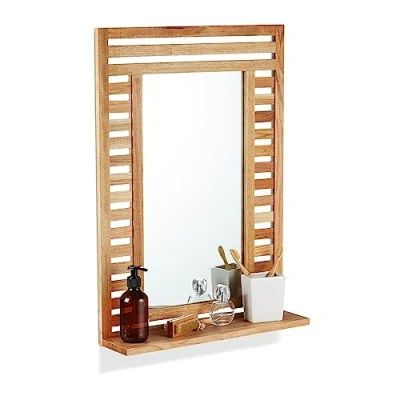 Imagen de Relaxdays Espejo Pared con Balda Nogal, Colgante, Marco de Madera, Rectangular, Dormitorio, Natural, 70 x 50 12 cm Aprox
