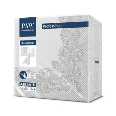 Imagen de PAW Servilletas Papel Airlaid (40 x 40 cm), 50 Piezas, Ideal para Bodas, Bautizos, Comuniones, Cumpleaños, Reverso Royal Lace Blanco Plateado