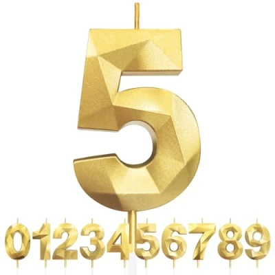 Imagen de Velas de 5 Cumpleaños Dorado, 3D Número 5, Vela para Pasteles, Feliz Cumpleaños,Velas Decoraciones Cumpleaños, Fiestas, Bodas, Aniversarios